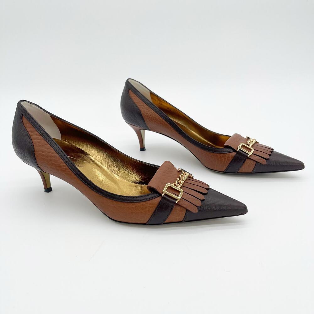 Dolce & Gabbana Vintage Brown Leather Fringe DG Chain Cap Toe Kitten Heels IT 40 - Picture 3 of 13